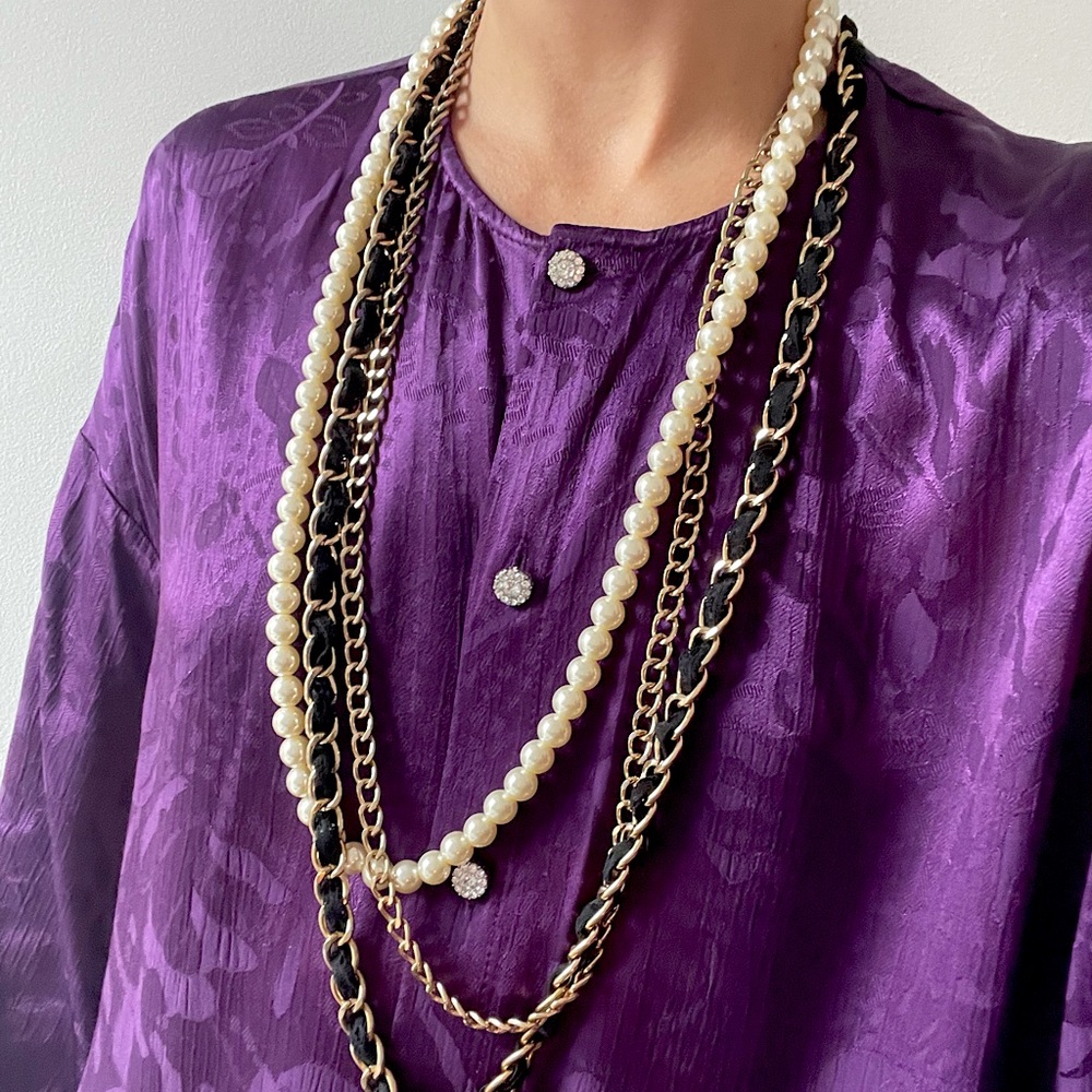 Layered Pearl and Fabric Chain Necklace